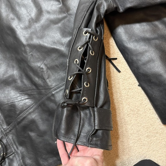 Leather Motorcycle Jacket Mens 44 Black Belted Side Lace Biker Zip Pockets - Picture 14 of 16